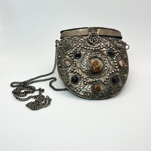 Vintage Ornate Sajai Silver-Tone Metal Crossbody Purse Stones Boho Statement Bag